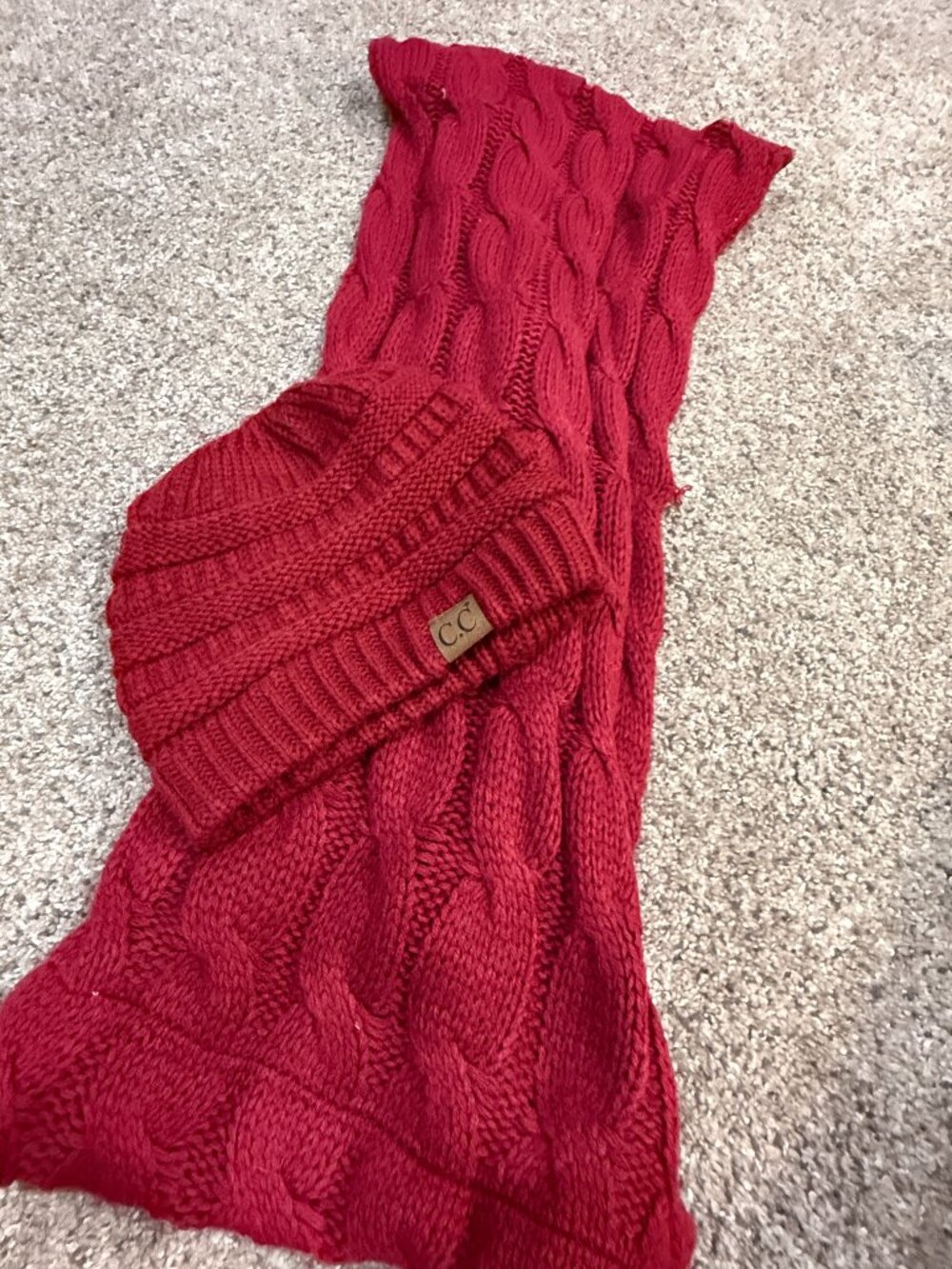 C.C. Matching Infinity Scarf & Messy Bun Hat Set Maroon Burgundy 100% Acrylic